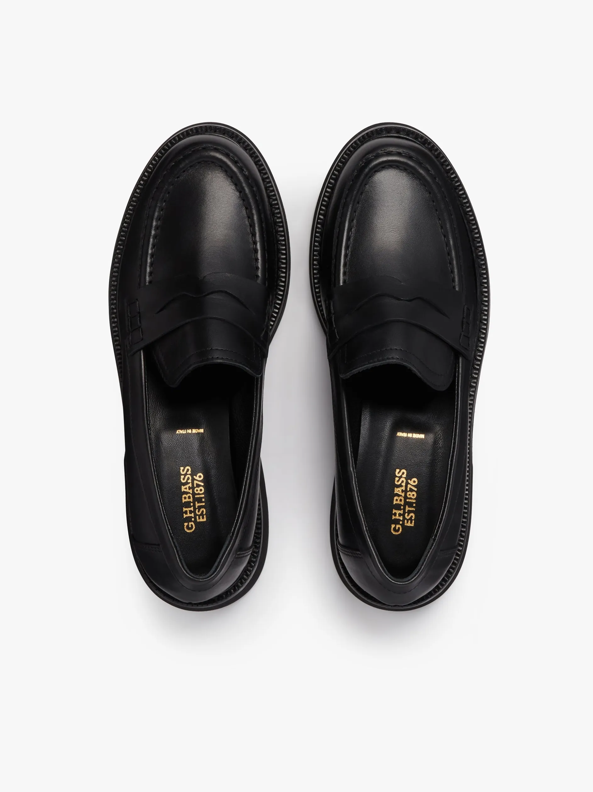 Belmont Lug Penny Loafers Black Leather