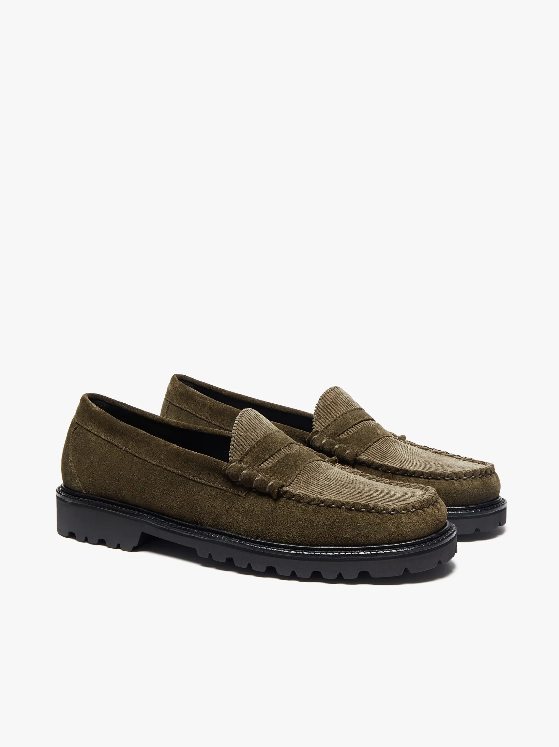 Weejuns Larson Lug Penny Loafers Combat Suede and Olive Corduroy