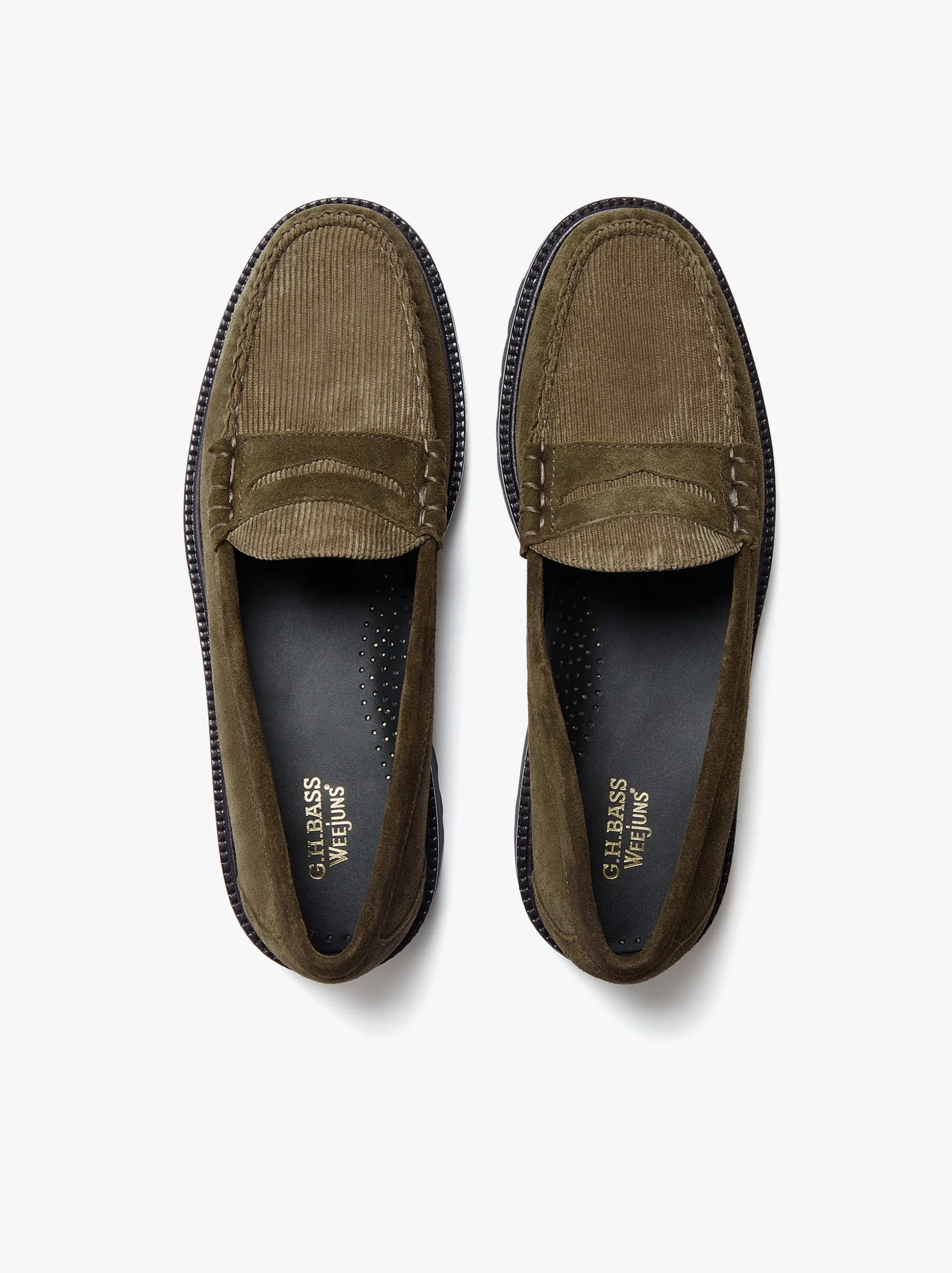 Weejuns Larson Lug Penny Loafers Combat Suede and Olive Corduroy