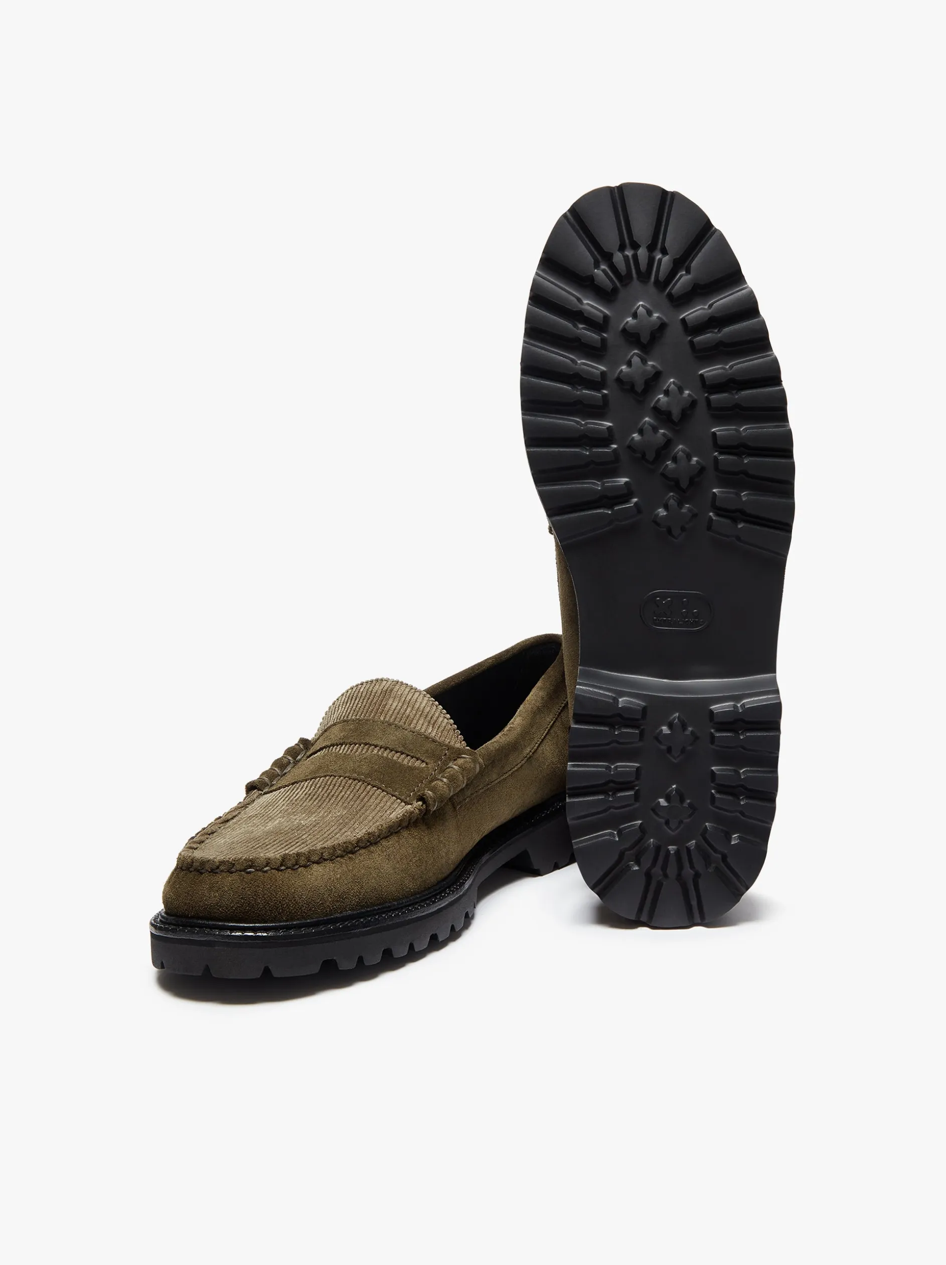 Weejuns Larson Lug Penny Loafers Combat Suede and Olive Corduroy