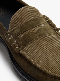 Weejuns Larson Lug Penny Loafers Combat Suede and Olive Corduroy