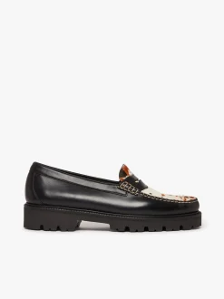 Whitney Super Lug Penny Loafers Black Leather with Cow Print