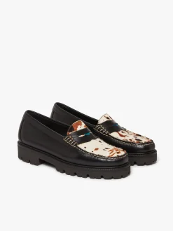 Whitney Super Lug Penny Loafers Black Leather with Cow Print
