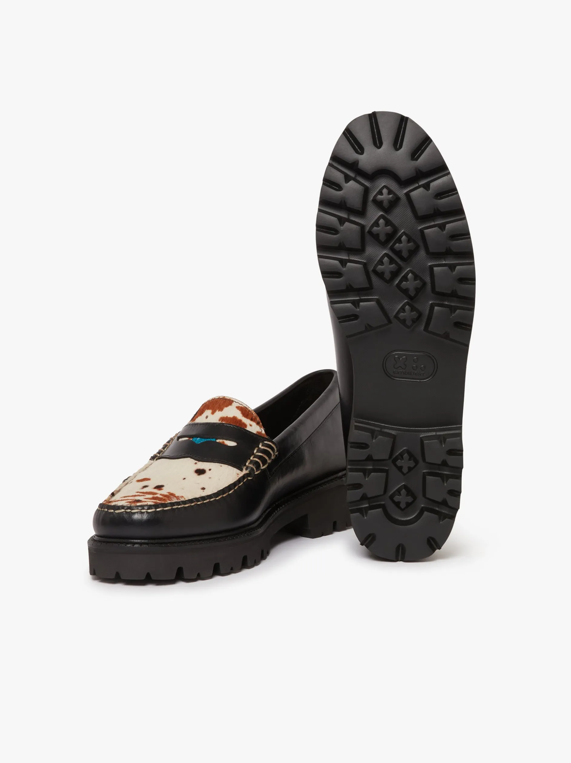 Whitney Super Lug Penny Loafers Black Leather with Cow Print