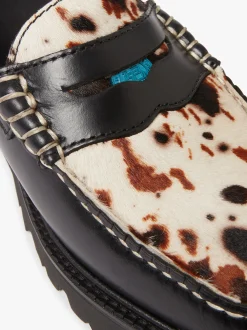 Whitney Super Lug Penny Loafers Black Leather with Cow Print